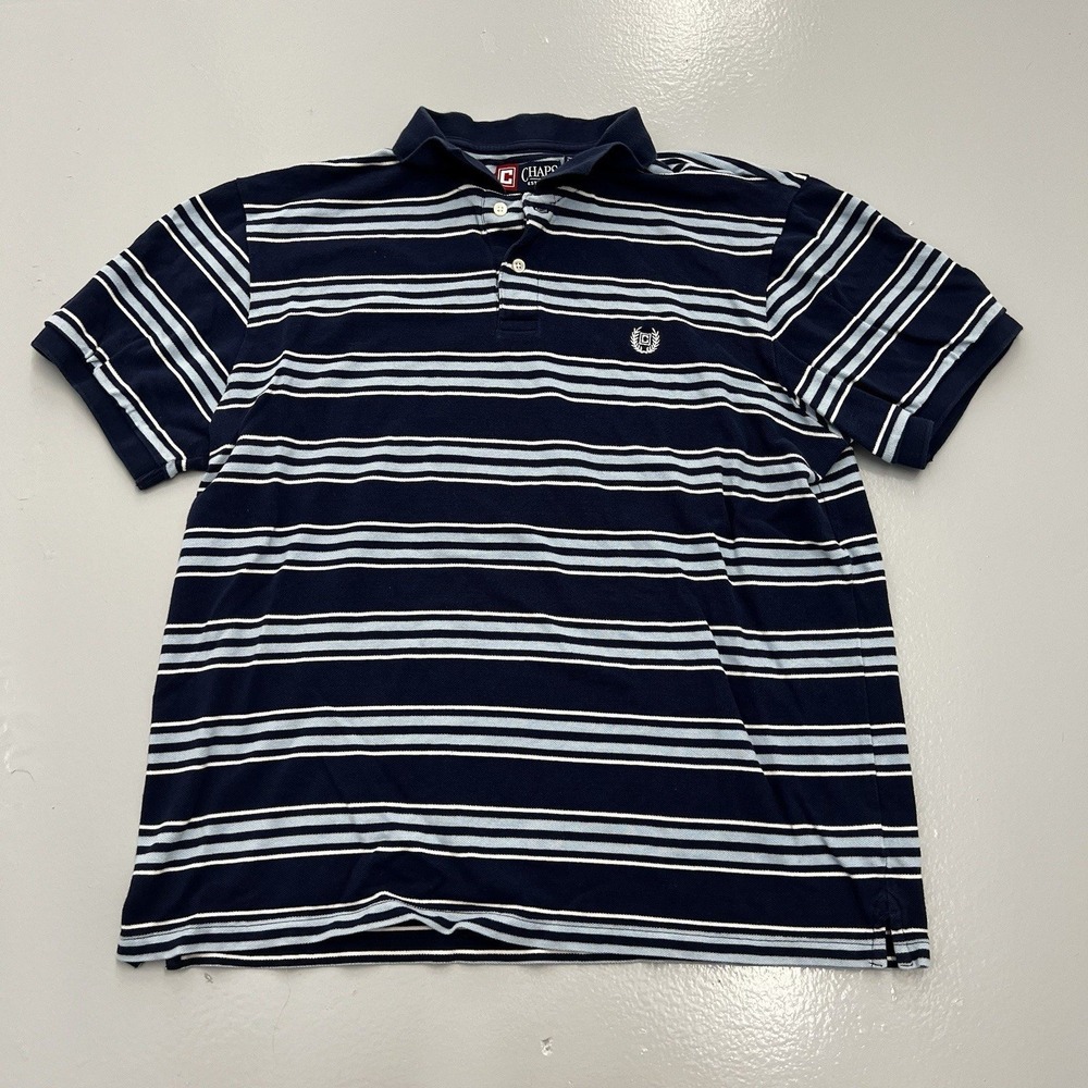 Chaps Mens XL Navy Blue Striped Cotton Pique Short Sleeve Polo Shirt